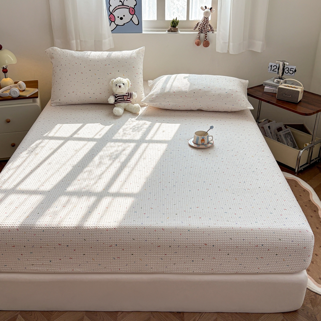 91家纺网 家纺一手货源 找家纺 居眠 2026新款全棉印花华夫格床笠 彩带条