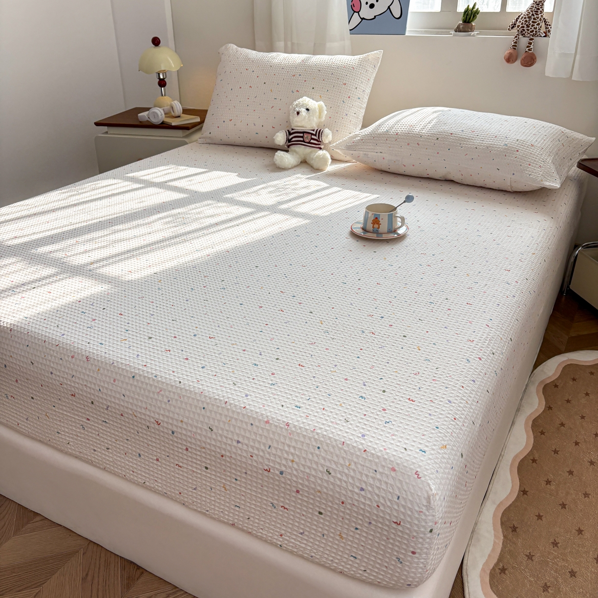 91家纺网 家纺一手货源 找家纺 居眠 2026新款全棉印花华夫格床笠 彩带条