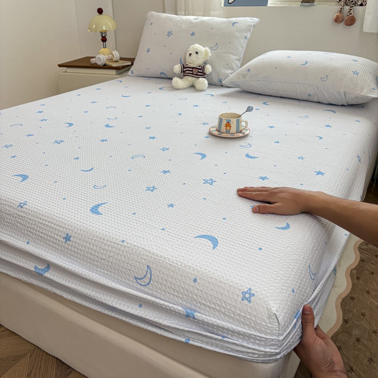 居眠 2026新款全棉印花华夫格床笠 月亮星星