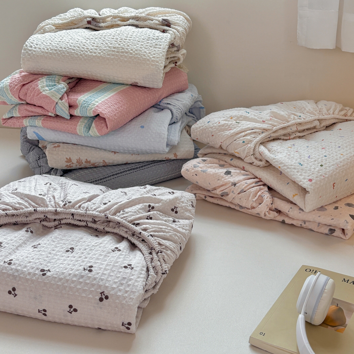 91家纺网 家纺一手货源 找家纺 居眠 2026新款全棉印花华夫格床笠 组合叠拍图