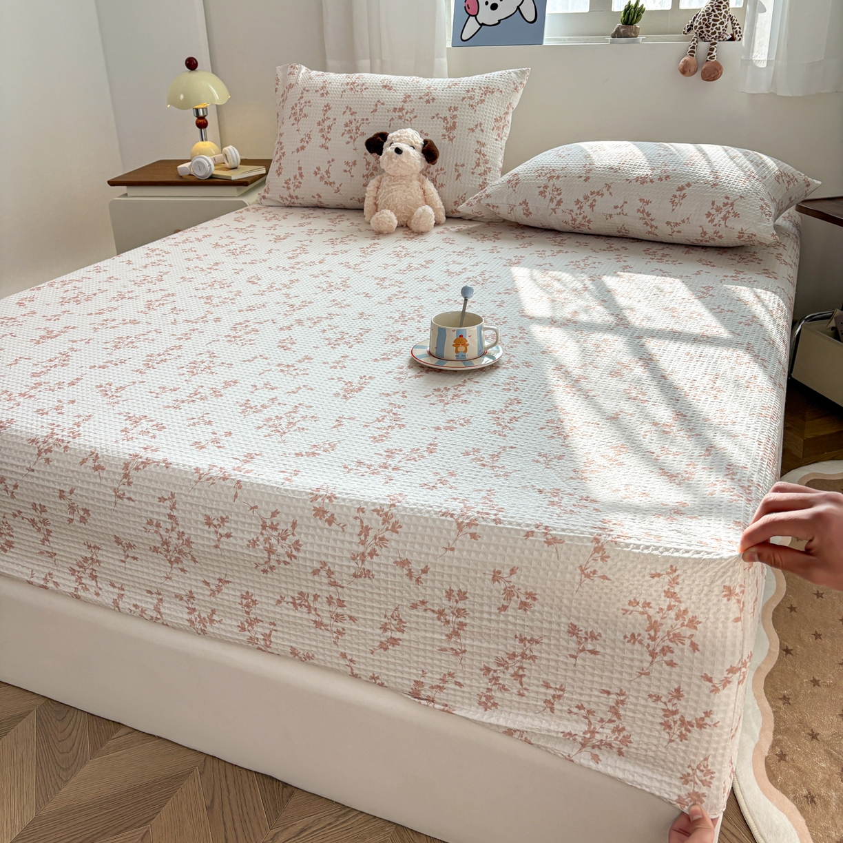 91家纺网 家纺一手货源 找家纺 居眠 2026新款全棉印花华夫格床笠 花眠