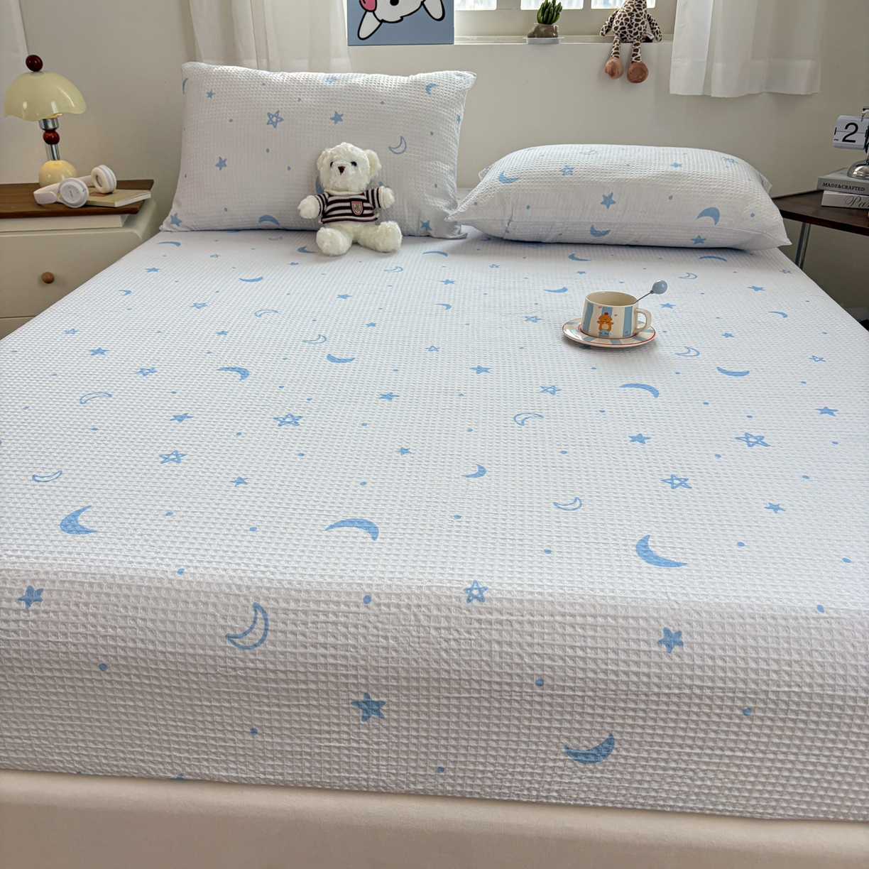 91家纺网 家纺一手货源 找家纺 居眠 2026新款全棉印花华夫格床笠 月亮星星