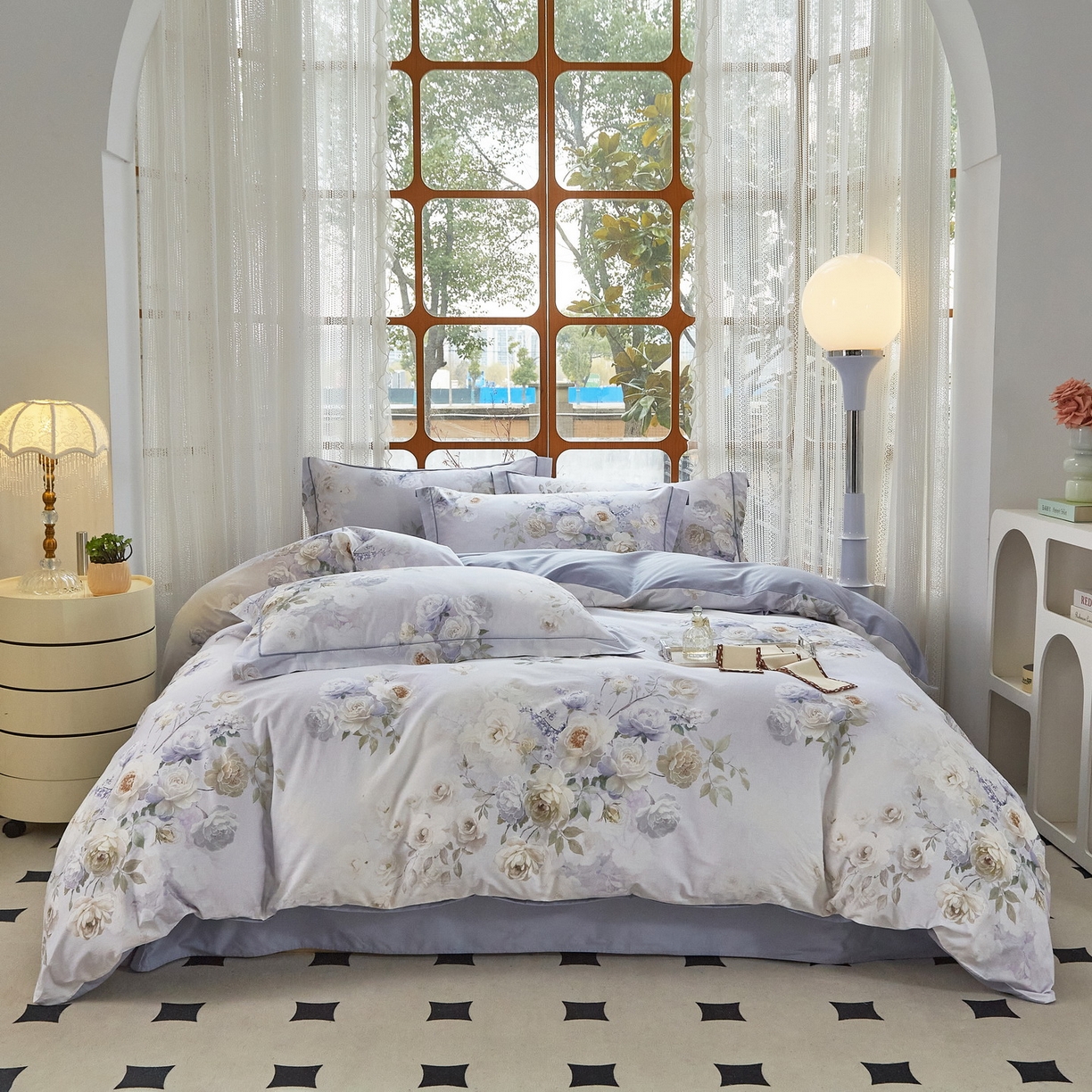 91家纺网 家纺一手货源 找家纺 启航家居 2026新款全棉铂金棉数码印花四件套 疏影微香灰