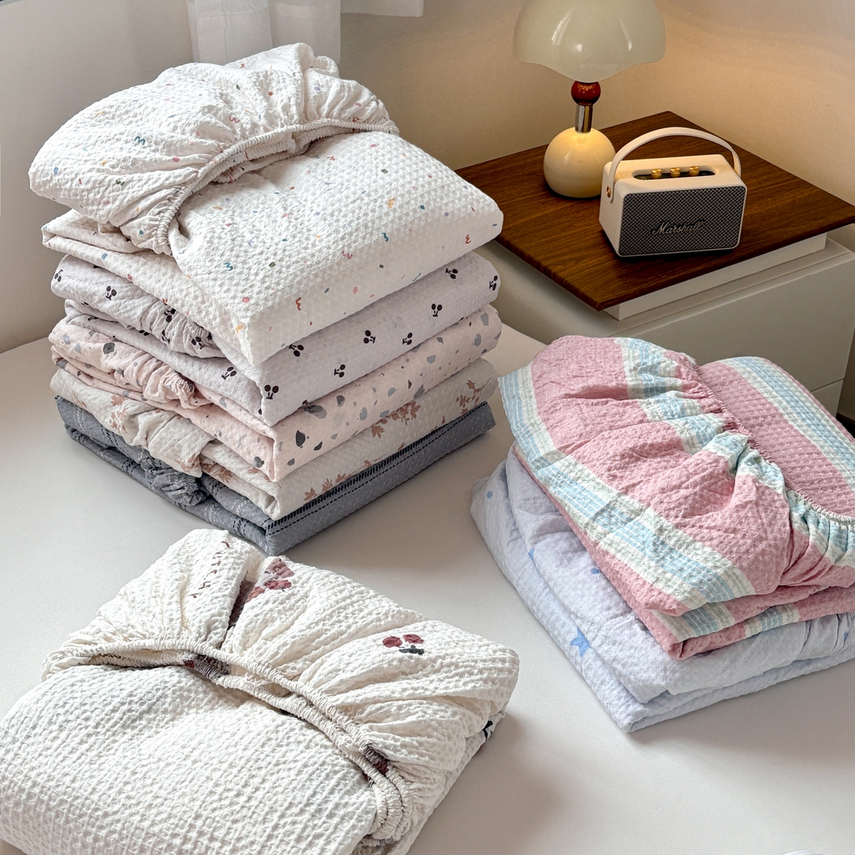 居眠 2026新款全棉印花华夫格床笠 组合叠拍图