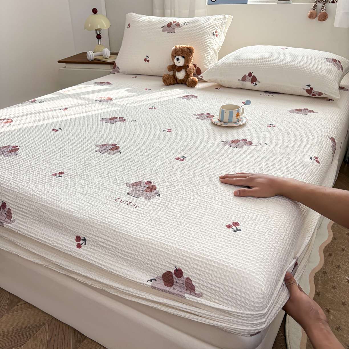 居眠 2026新款全棉印花华夫格床笠 樱桃小象