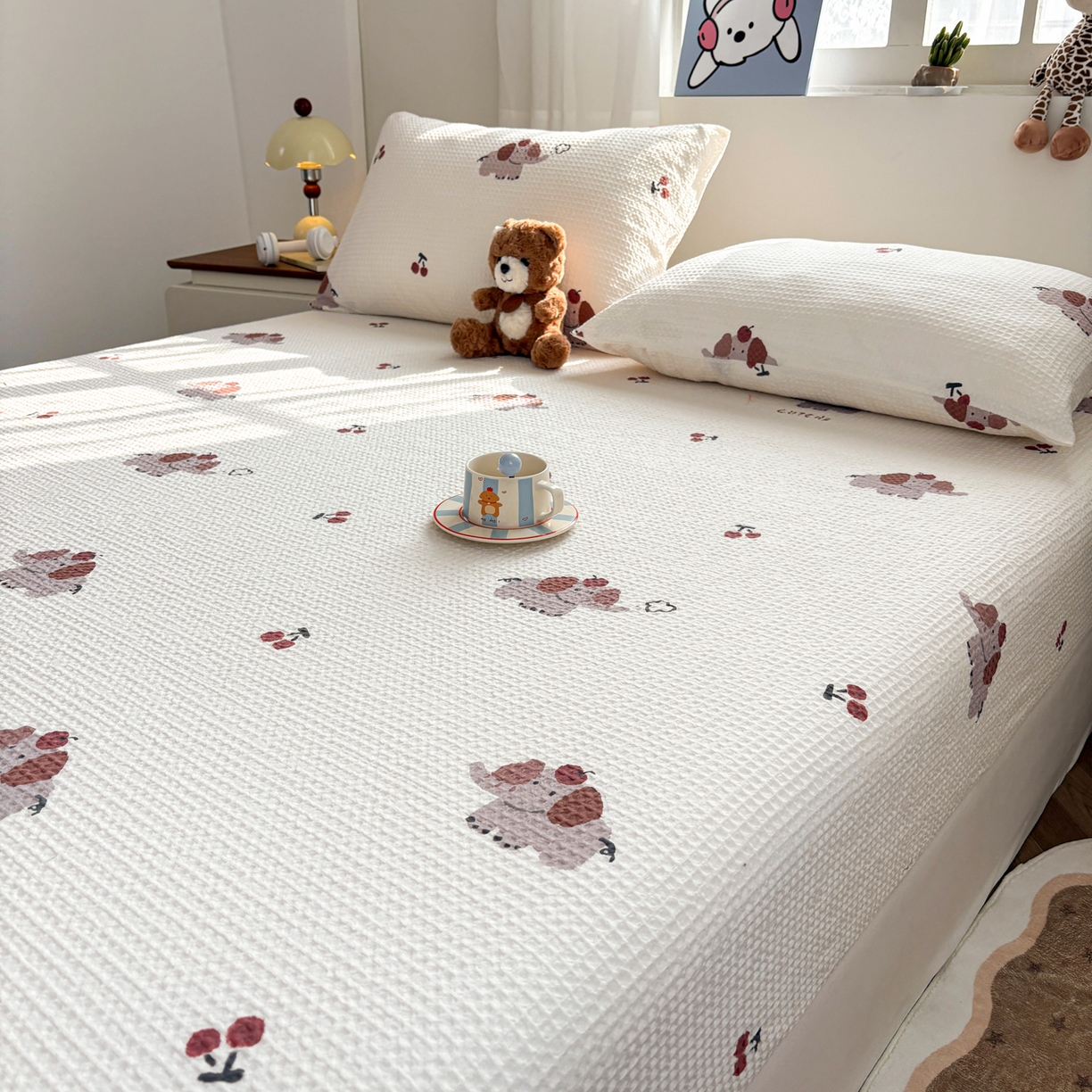 91家纺网 家纺一手货源 找家纺 居眠 2026新款全棉印花华夫格床笠 樱桃小象