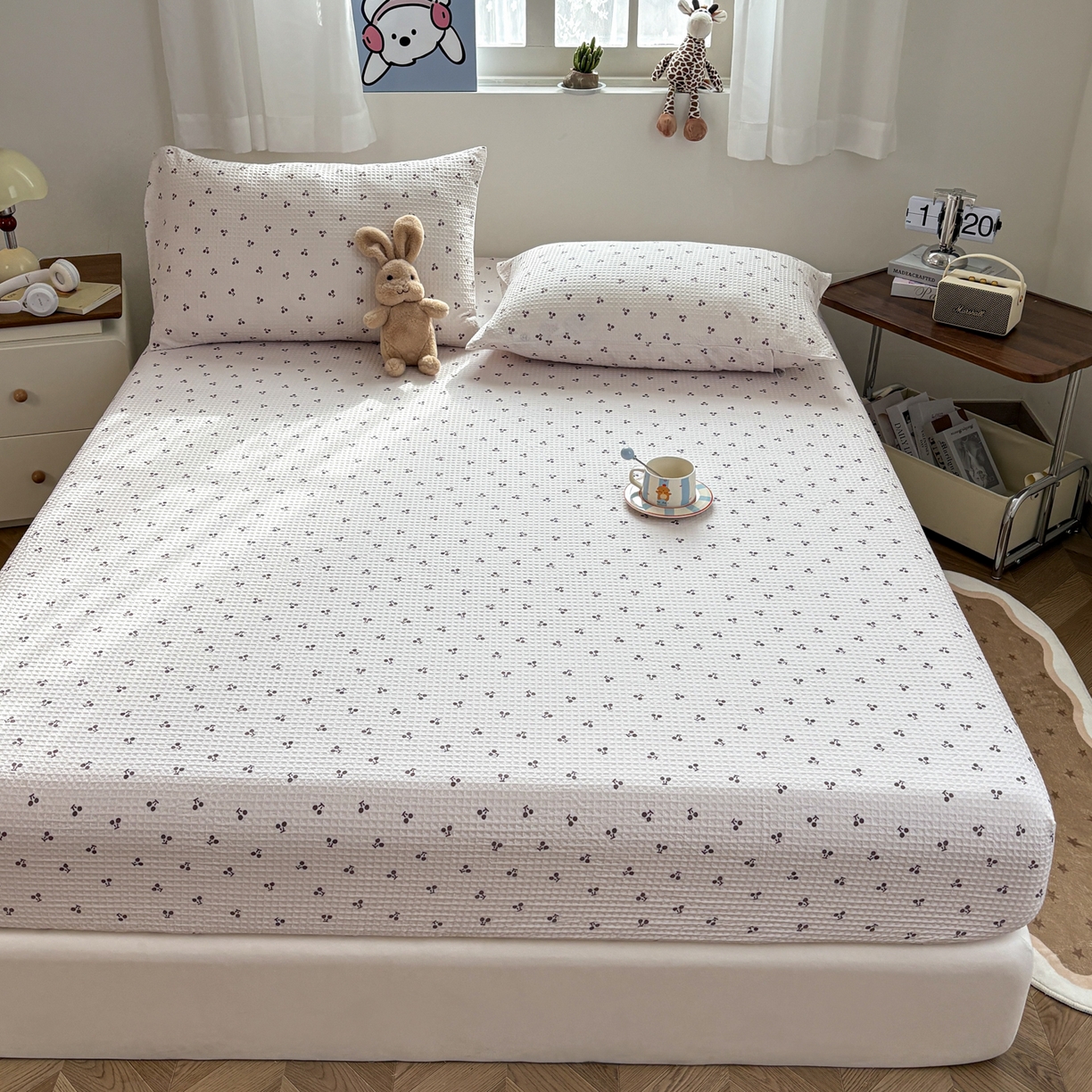 91家纺网 家纺一手货源 找家纺 居眠 2026新款全棉印花华夫格床笠 小樱桃