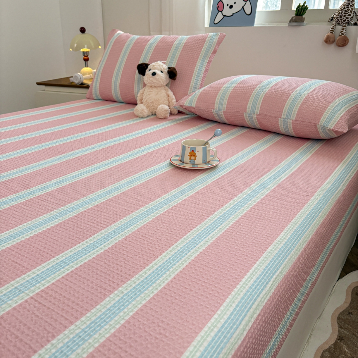 91家纺网 家纺一手货源 找家纺 居眠 2026新款全棉印花华夫格床笠 条纹粉