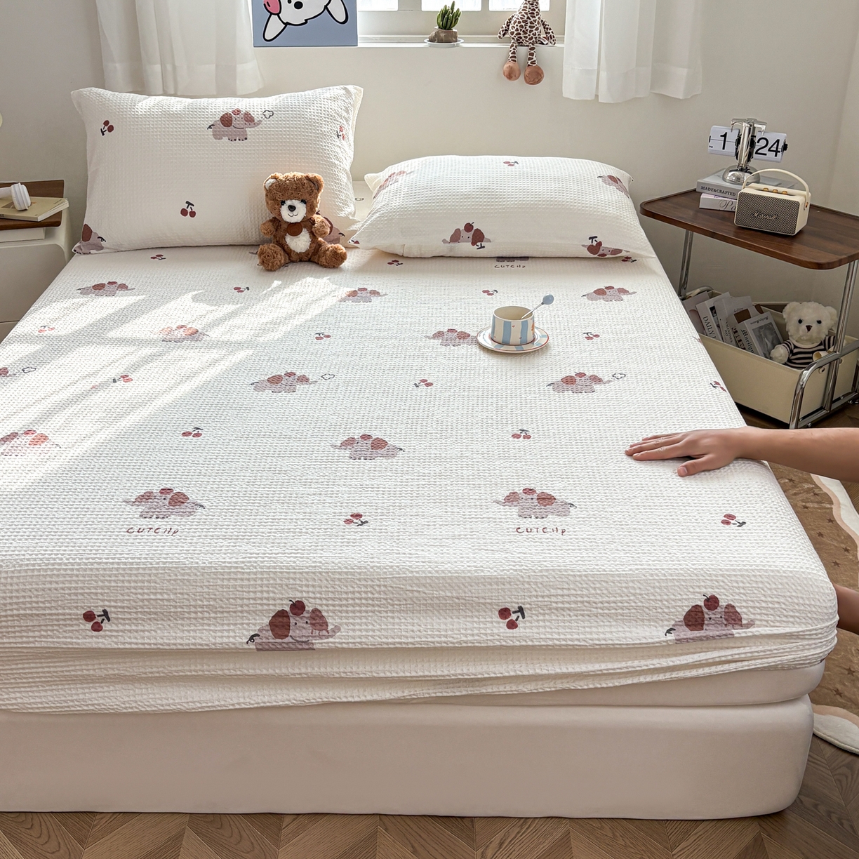 91家纺网 家纺一手货源 找家纺 居眠 2026新款全棉印花华夫格床笠 樱桃小象