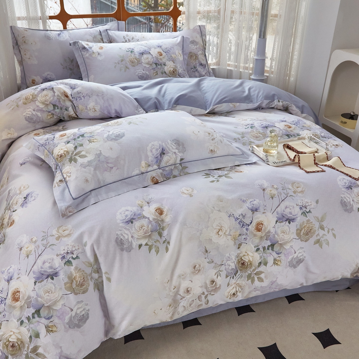 91家纺网 家纺一手货源 找家纺 启航家居 2026新款全棉铂金棉数码印花四件套 疏影微香灰