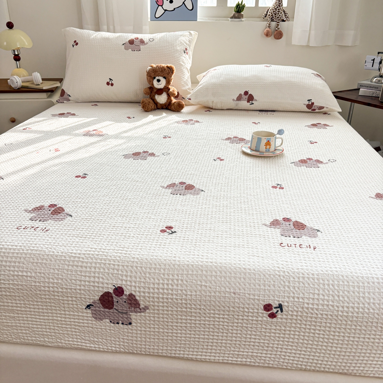 91家纺网 家纺一手货源 找家纺 居眠 2026新款全棉印花华夫格床笠 樱桃小象