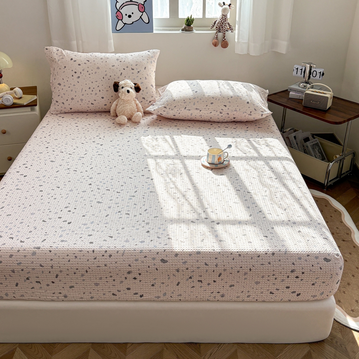 91家纺网 家纺一手货源 找家纺 居眠 2026新款全棉印花华夫格床笠 小斑点