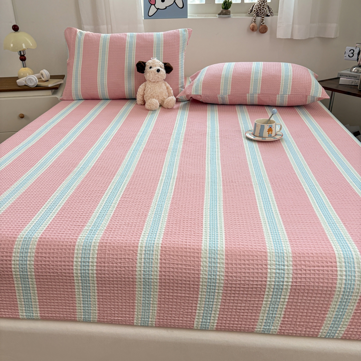 91家纺网 家纺一手货源 找家纺 居眠 2026新款全棉印花华夫格床笠 条纹粉