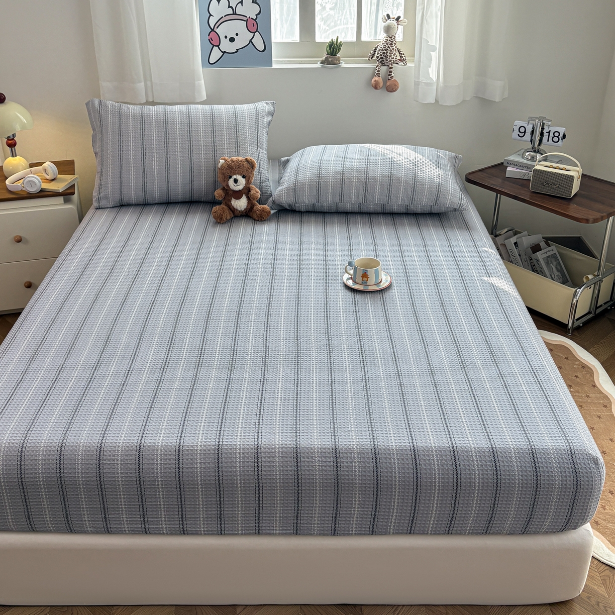 91家纺网 家纺一手货源 找家纺 居眠 2026新款全棉印花华夫格床笠 细灰条