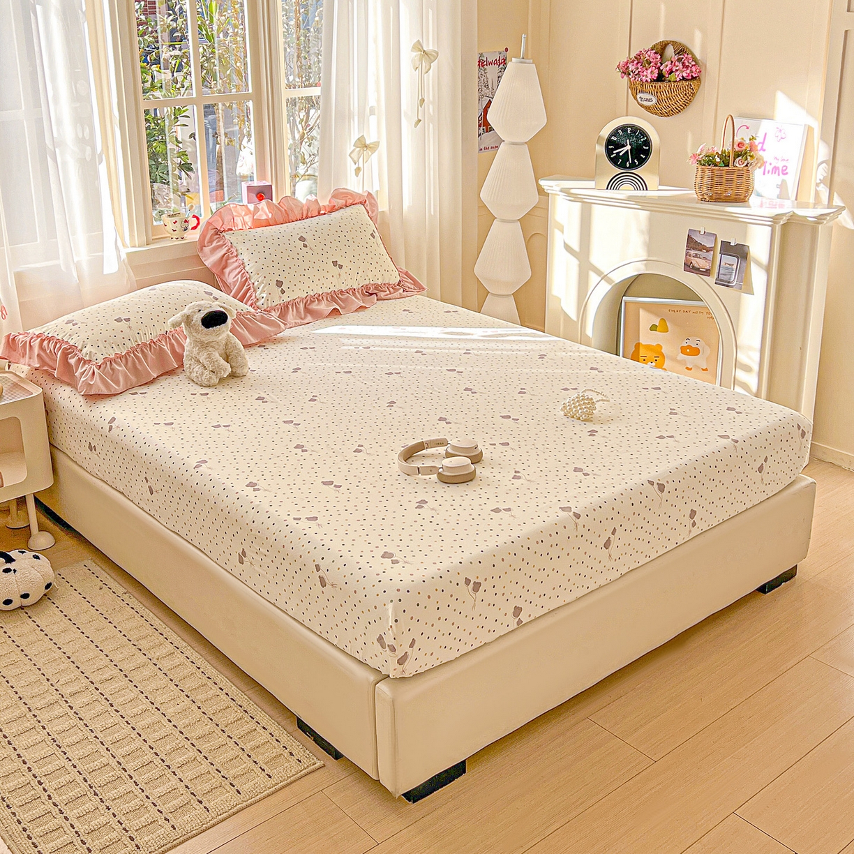 91家纺网 家纺一手货源 找家纺 富米莱（原臻工厂） 2026新款古法水洗仿棉床笠席梦思床罩杀床垫防滑罩床套罩床笠三件套 波点汽球