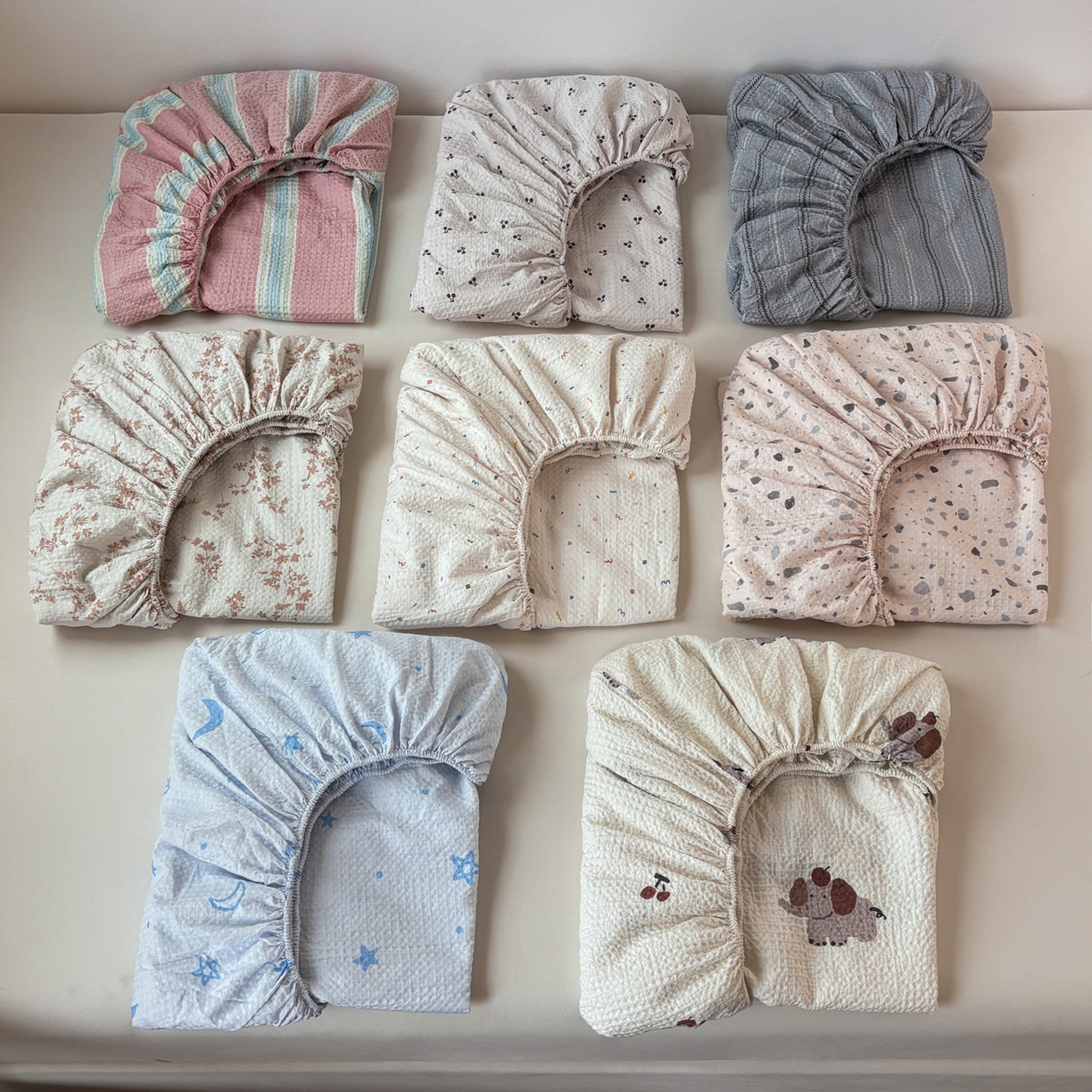 91家纺网 家纺一手货源 找家纺 居眠 2026新款全棉印花华夫格床笠 组合叠拍图