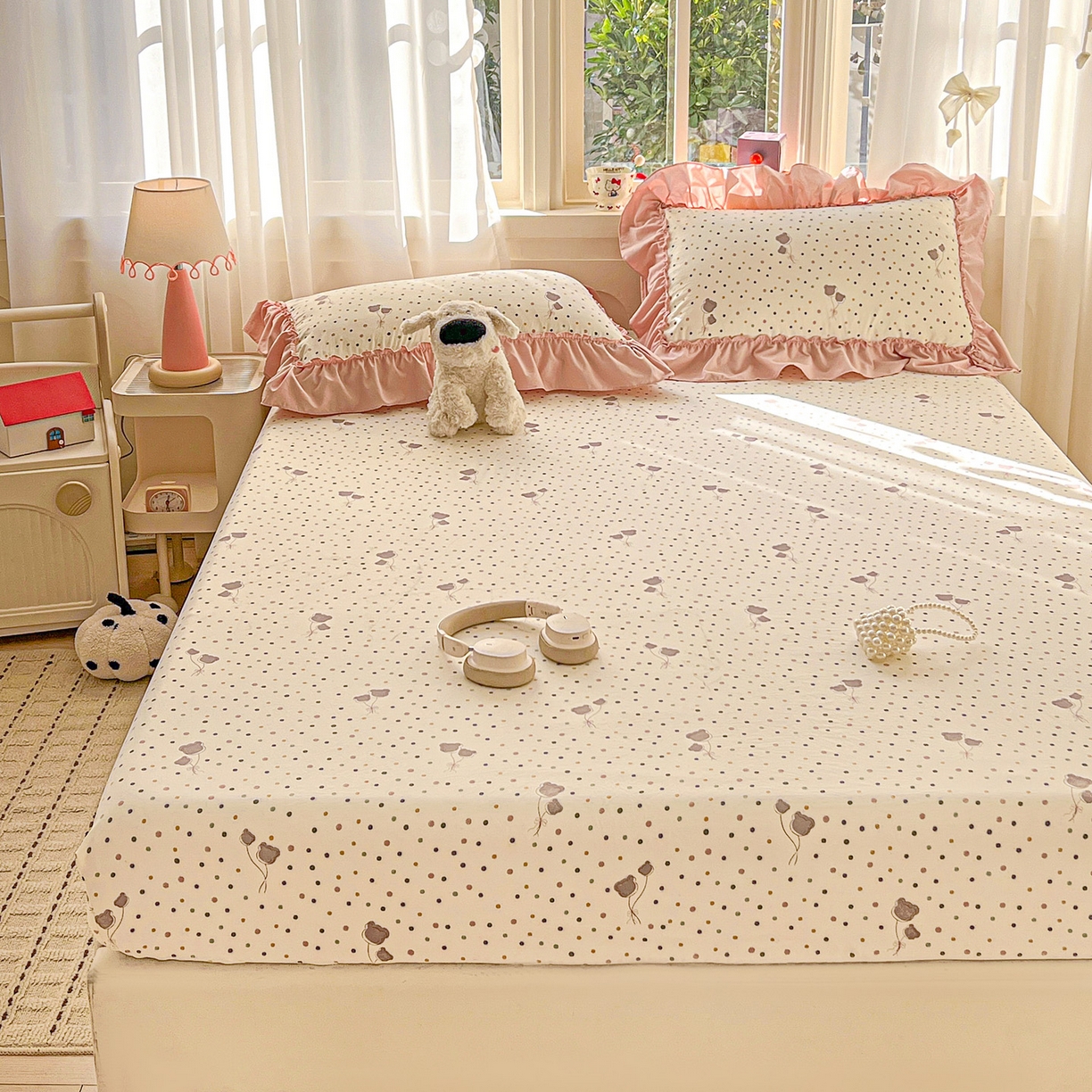 91家纺网 家纺一手货源 找家纺 富米莱（原臻工厂） 2026新款古法水洗仿棉床笠席梦思床罩杀床垫防滑罩床套罩床笠三件套 波点汽球