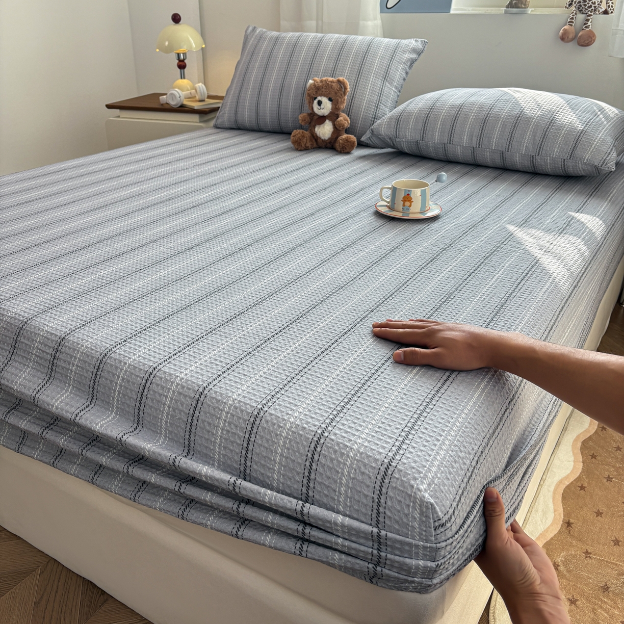 居眠 2026新款全棉印花华夫格床笠 细灰条