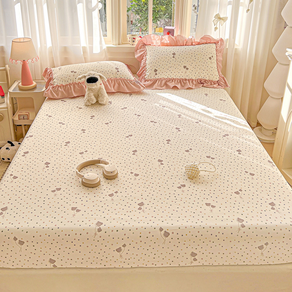 91家纺网 家纺一手货源 找家纺 富米莱（原臻工厂） 2026新款古法水洗仿棉床笠席梦思床罩杀床垫防滑罩床套罩床笠三件套 波点汽球