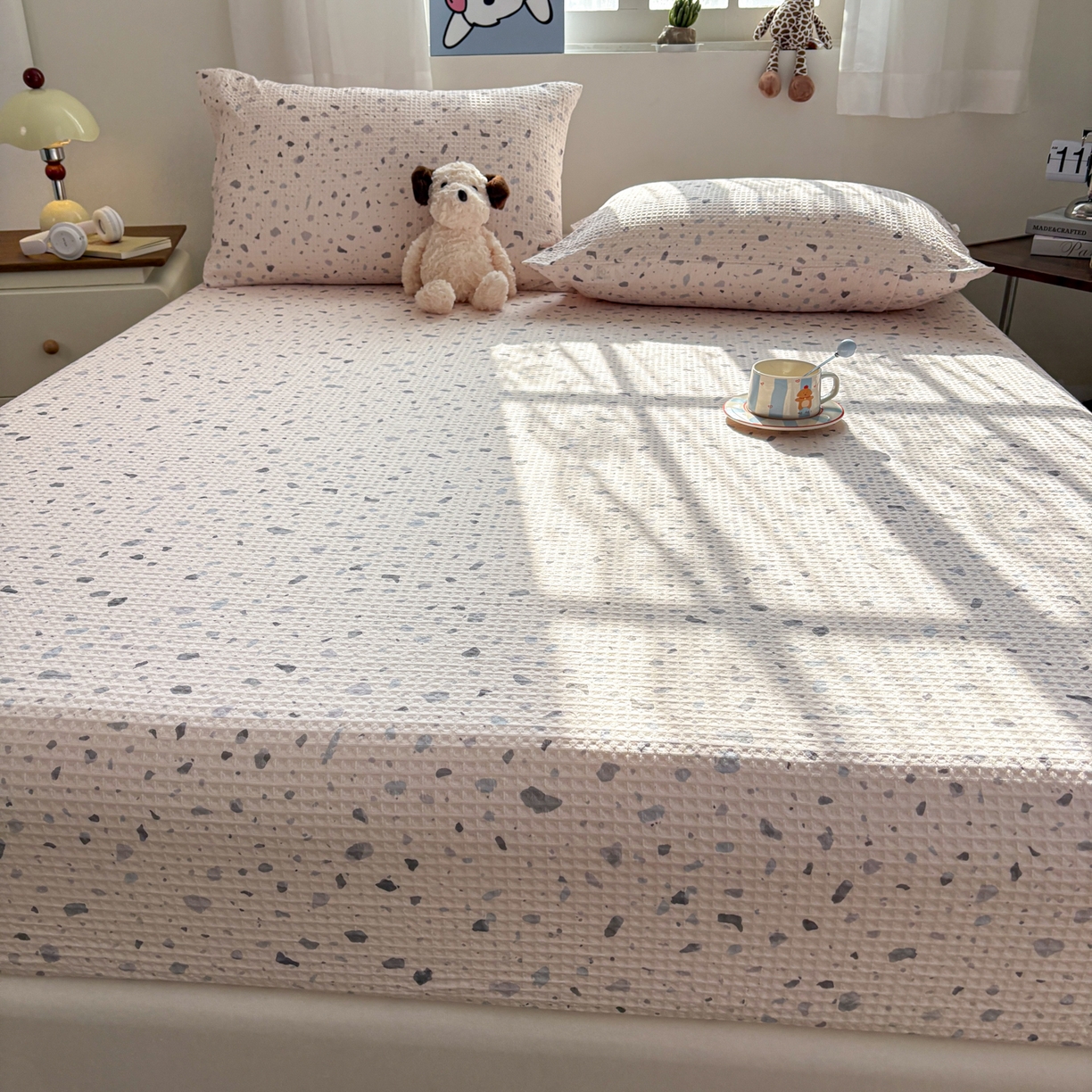 91家纺网 家纺一手货源 找家纺 居眠 2026新款全棉印花华夫格床笠 小斑点