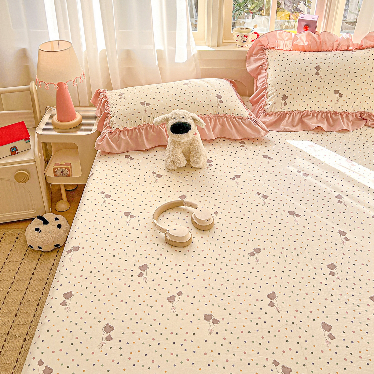 91家纺网 家纺一手货源 找家纺 富米莱（原臻工厂） 2026新款古法水洗仿棉床笠席梦思床罩杀床垫防滑罩床套罩床笠三件套 波点汽球