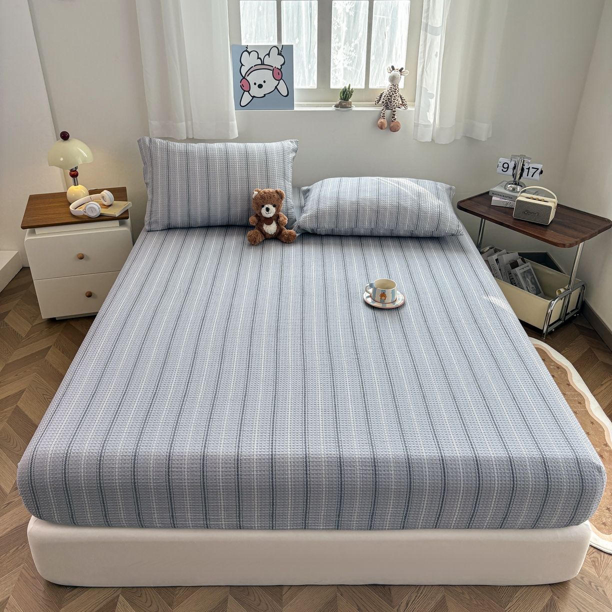 91家纺网 家纺一手货源 找家纺 居眠 2026新款全棉印花华夫格床笠 细灰条