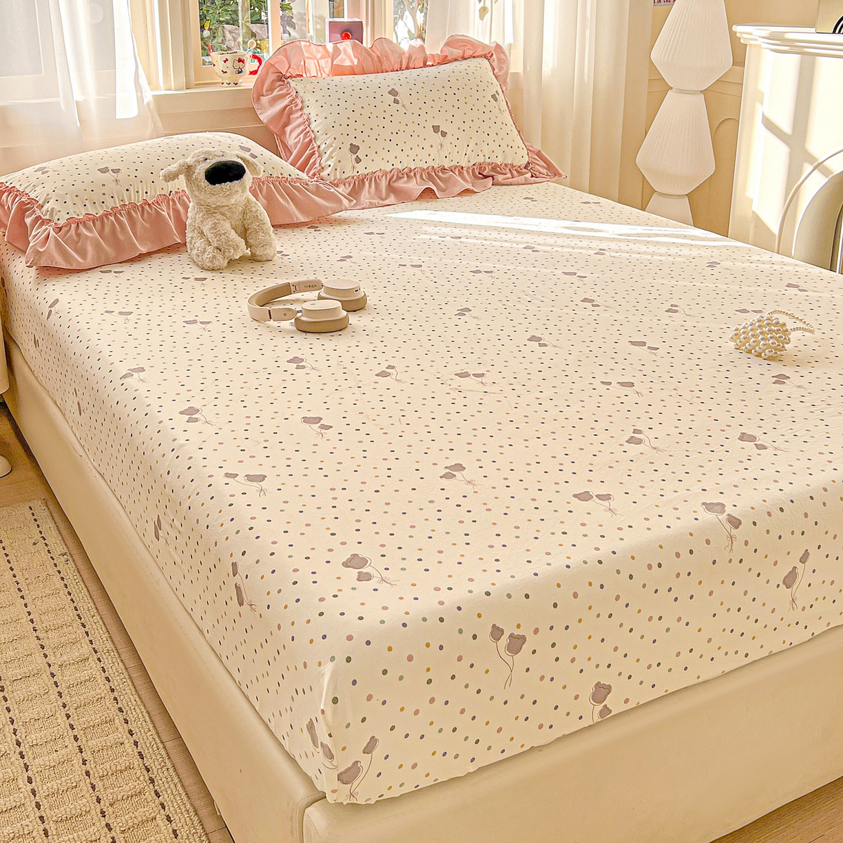 91家纺网 家纺一手货源 找家纺 富米莱（原臻工厂） 2026新款古法水洗仿棉床笠席梦思床罩杀床垫防滑罩床套罩床笠三件套 波点汽球