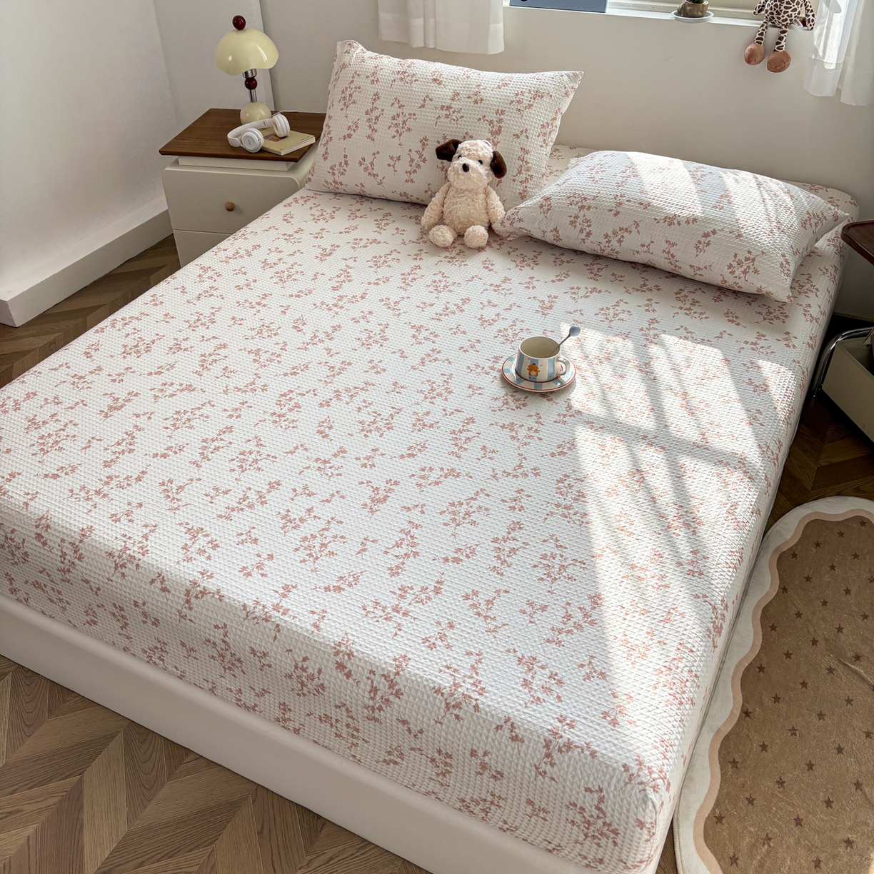 91家纺网 家纺一手货源 找家纺 居眠 2026新款全棉印花华夫格床笠 花眠