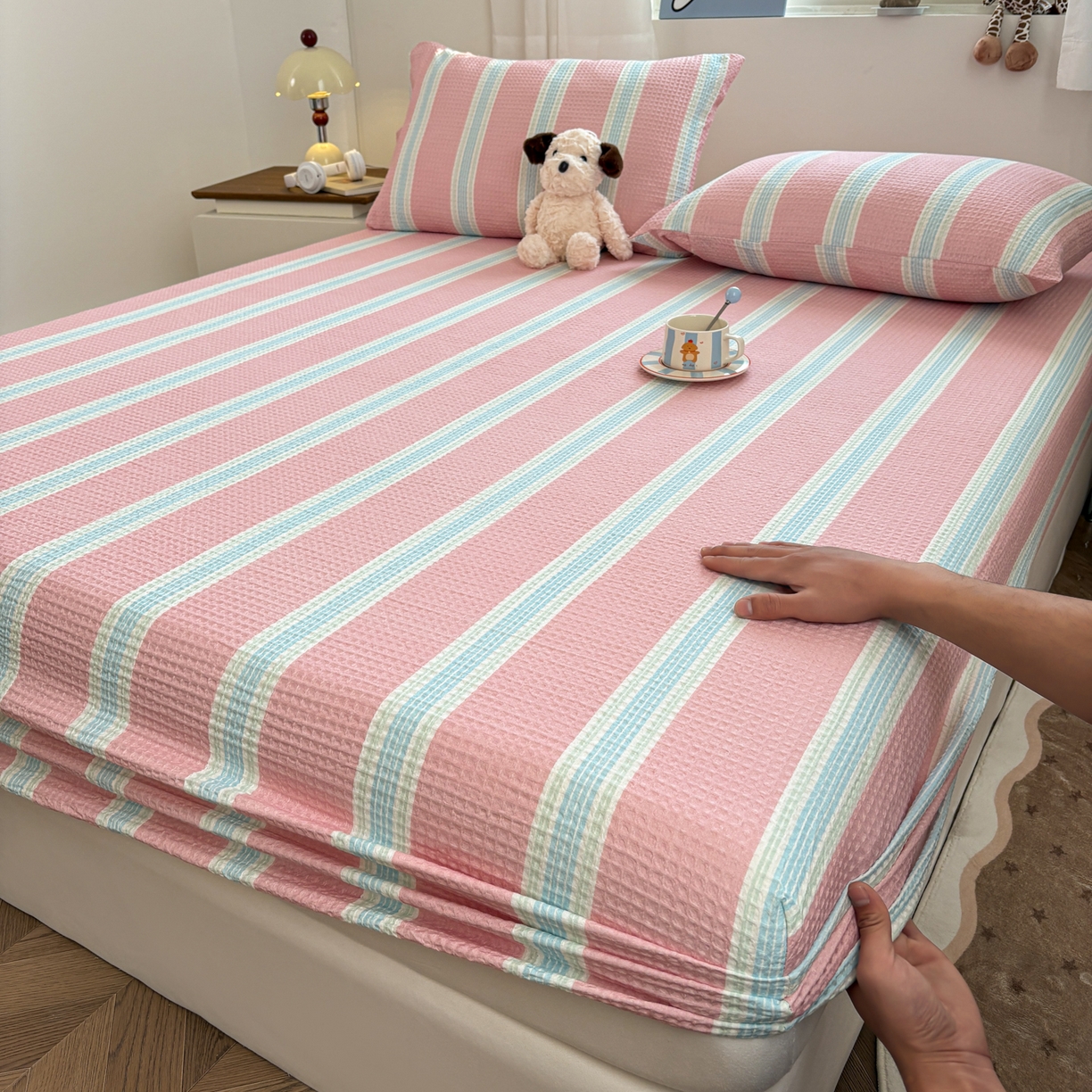 居眠 2026新款全棉印花华夫格床笠 条纹粉