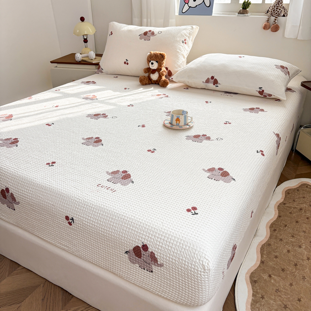 91家纺网 家纺一手货源 找家纺 居眠 2026新款全棉印花华夫格床笠 樱桃小象