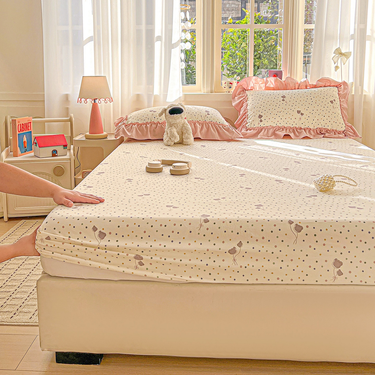 91家纺网 家纺一手货源 找家纺 富米莱（原臻工厂） 2026新款古法水洗仿棉床笠席梦思床罩杀床垫防滑罩床套罩床笠三件套 波点汽球