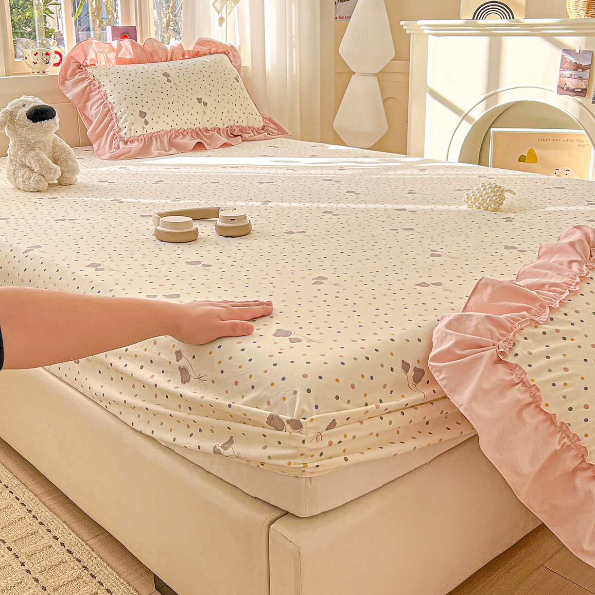 91家纺网 家纺一手货源 找家纺 富米莱（原臻工厂） 2026新款古法水洗仿棉床笠席梦思床罩杀床垫防滑罩床套罩床笠三件套 波点汽球