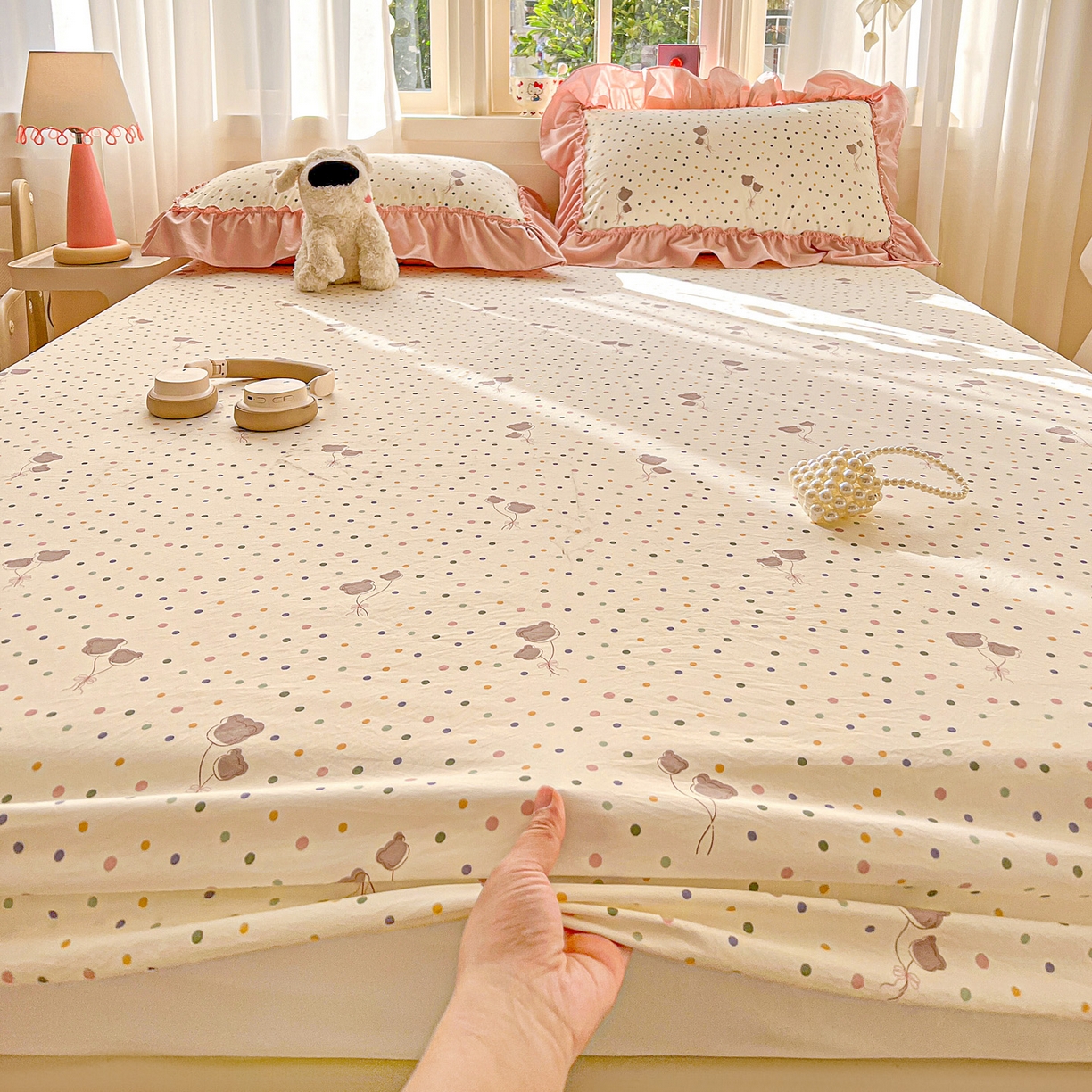 91家纺网 家纺一手货源 找家纺 富米莱（原臻工厂） 2026新款古法水洗仿棉床笠席梦思床罩杀床垫防滑罩床套罩床笠三件套 波点汽球