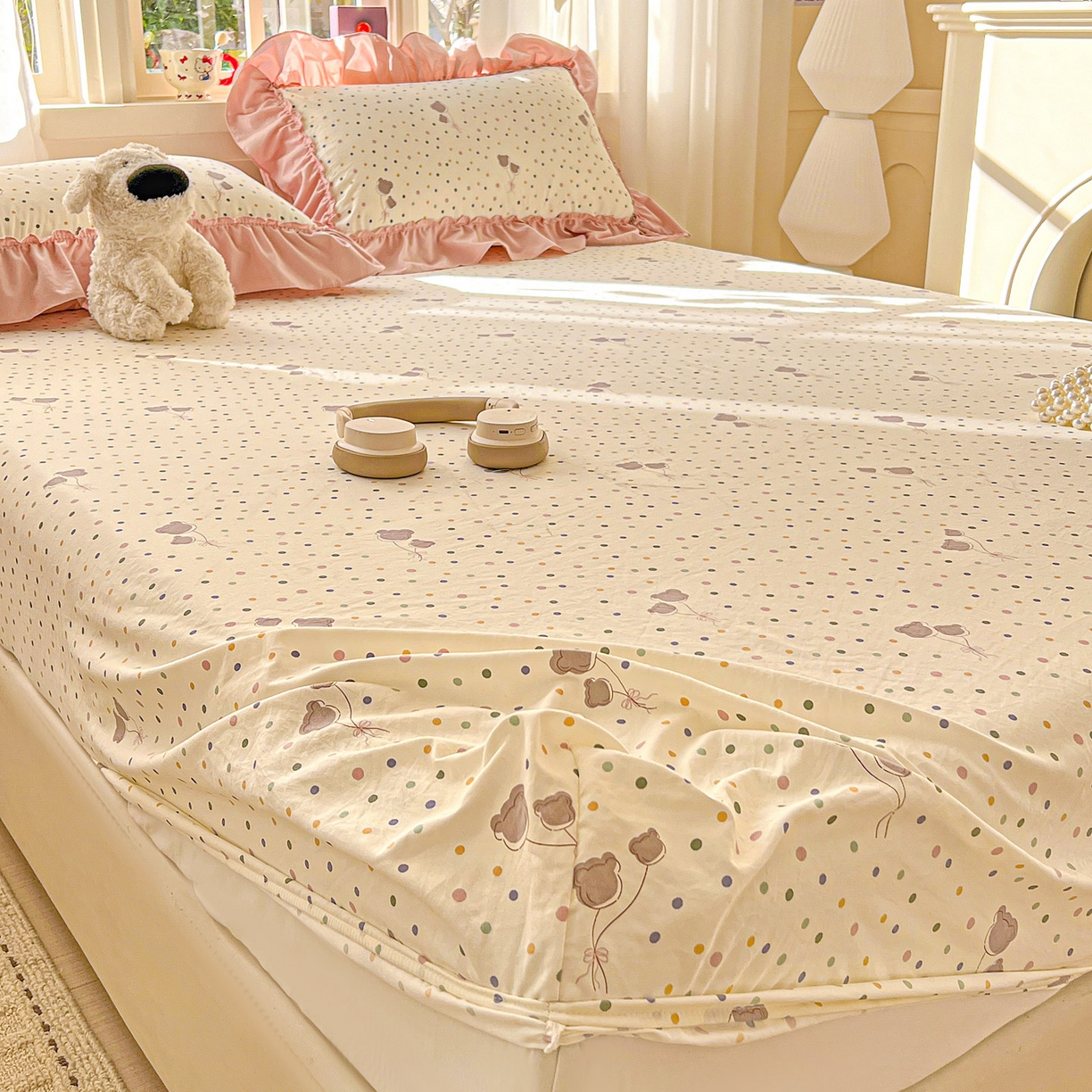 91家纺网 家纺一手货源 找家纺 富米莱（原臻工厂） 2026新款古法水洗仿棉床笠席梦思床罩杀床垫防滑罩床套罩床笠三件套 波点汽球