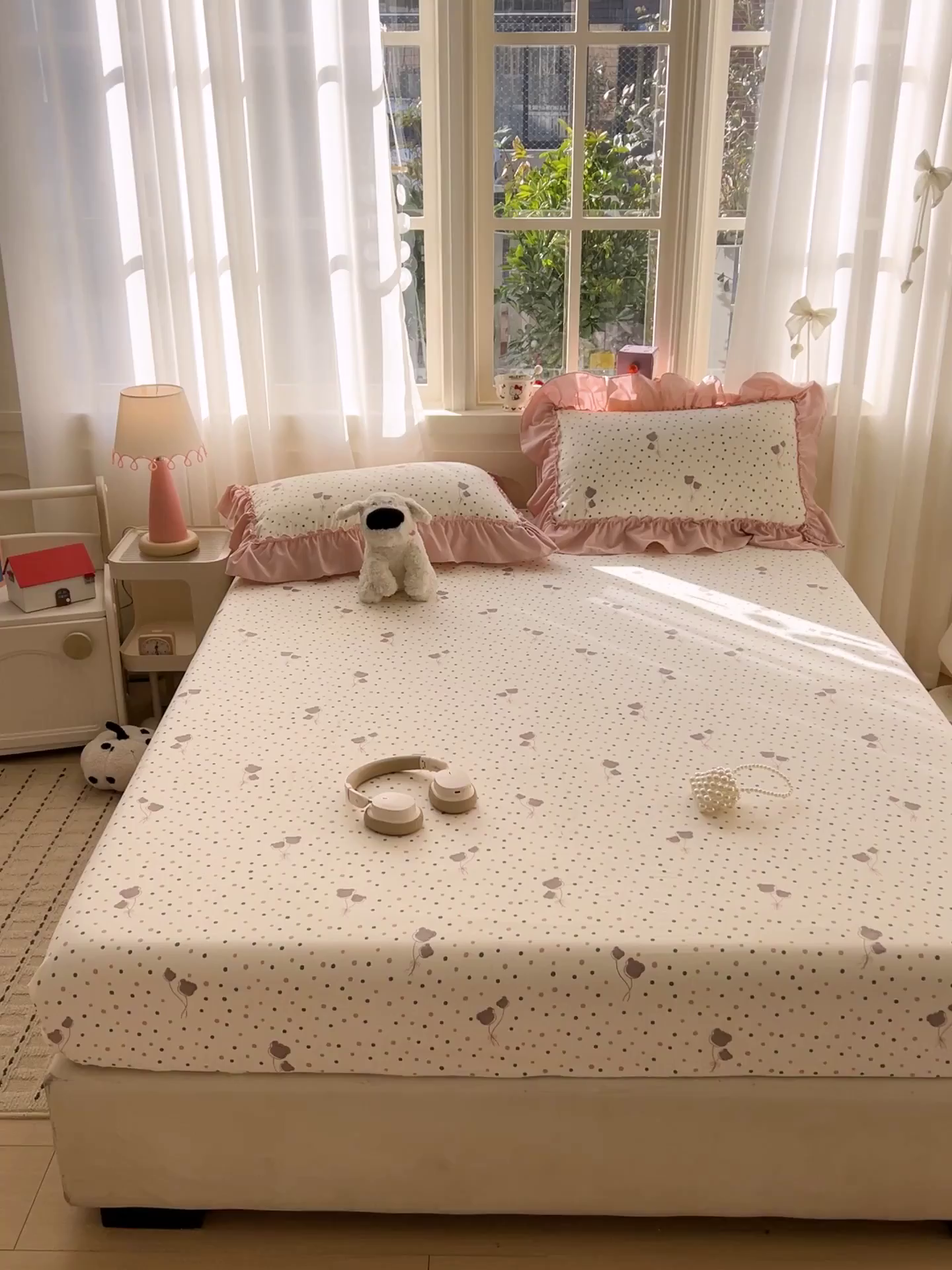 91家纺网 家纺一手货源 找家纺 富米莱（原臻工厂） 2026新款古法水洗仿棉床笠席梦思床罩杀床垫防滑罩床套罩床笠三件套 波点汽球