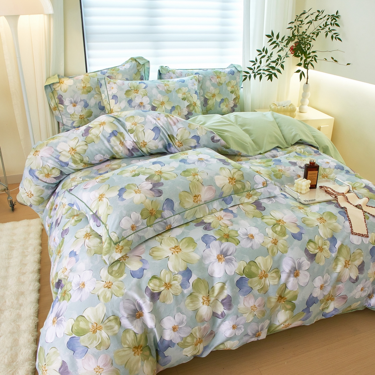 91家纺网 家纺一手货源 找家纺 启航家居 2026新款全棉铂金棉数码印花四件套 田园绿