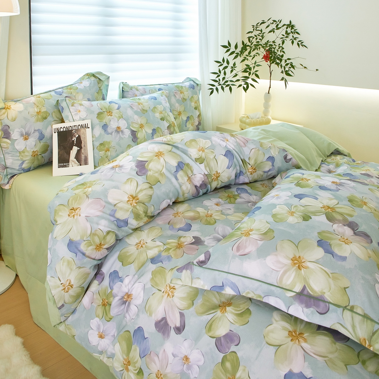 91家纺网 家纺一手货源 找家纺 启航家居 2026新款全棉铂金棉数码印花四件套 田园绿