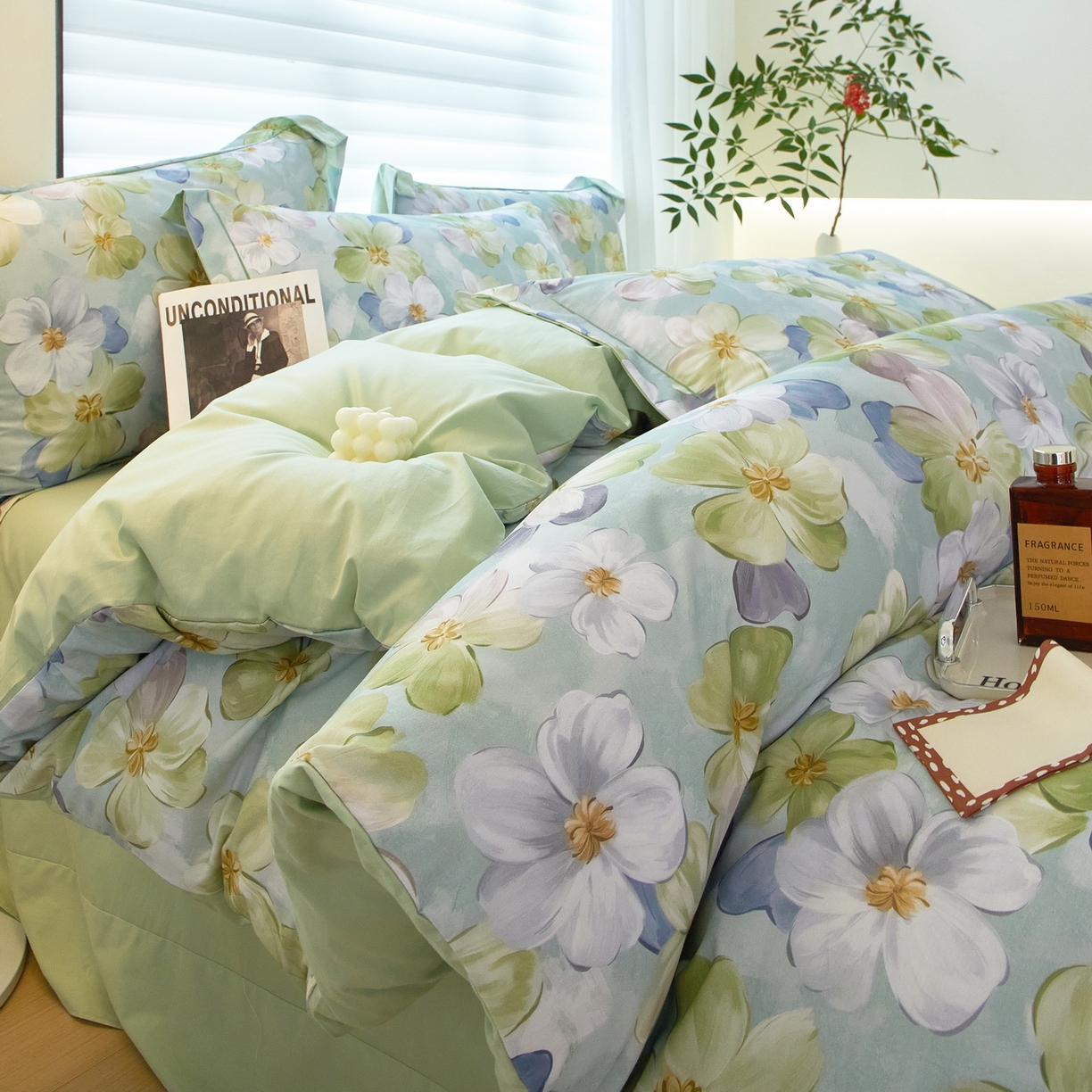 91家纺网 家纺一手货源 找家纺 启航家居 2026新款全棉铂金棉数码印花四件套 田园绿