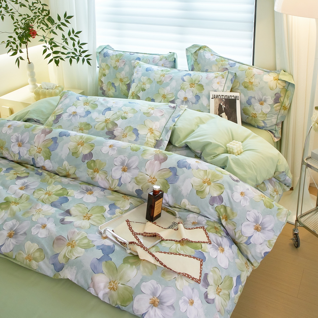 91家纺网 家纺一手货源 找家纺 启航家居 2026新款全棉铂金棉数码印花四件套 田园绿