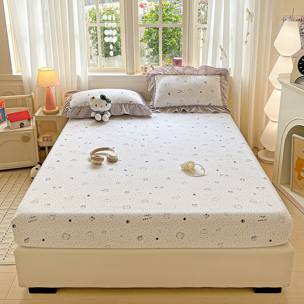 91家纺网 家纺一手货源 找家纺 富米莱（原臻工厂） 2026新款古法水洗仿棉床笠席梦思床罩杀床垫防滑罩床套罩床笠三件套 耳机猫猫