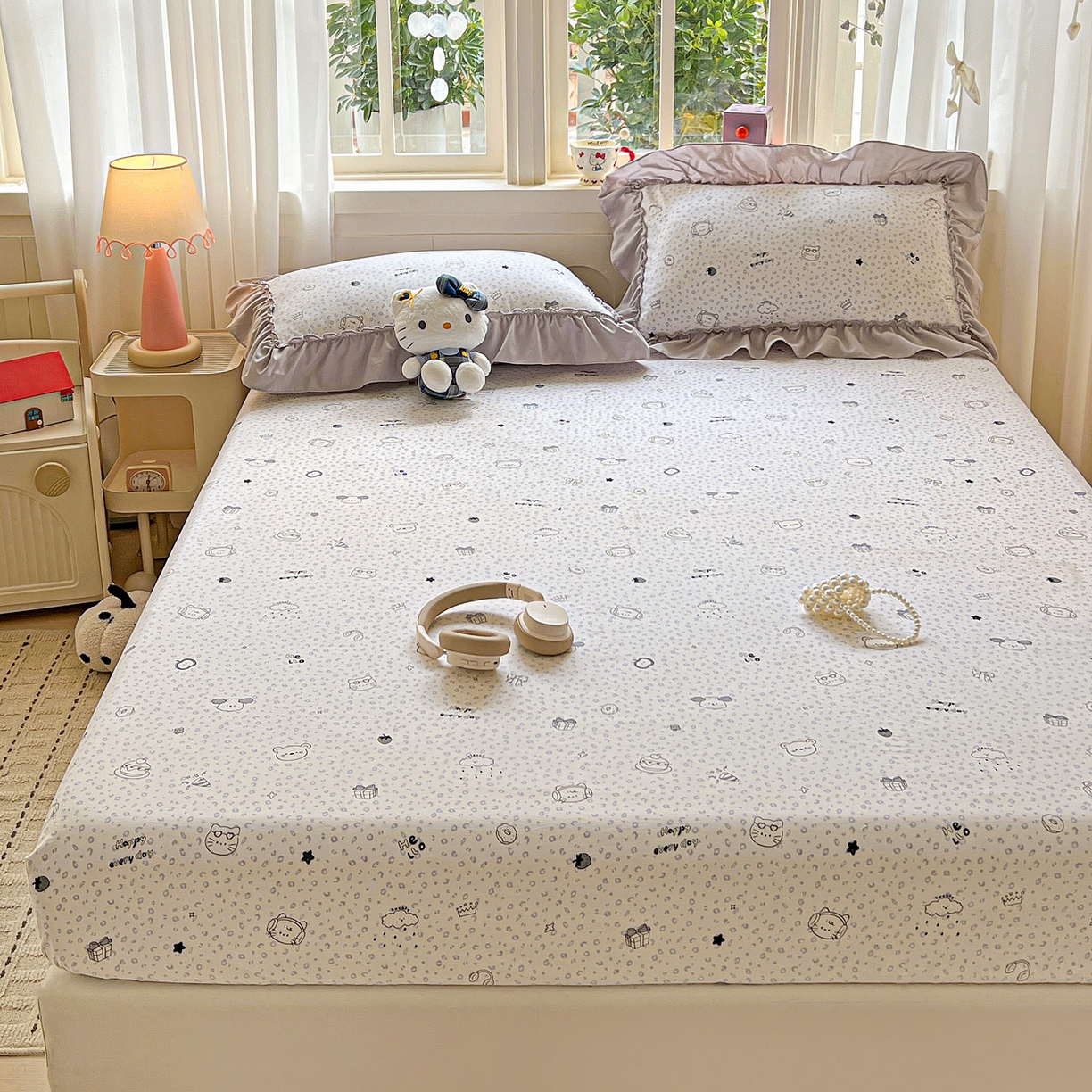 91家纺网 家纺一手货源 找家纺 富米莱（原臻工厂） 2026新款古法水洗仿棉床笠席梦思床罩杀床垫防滑罩床套罩床笠三件套 耳机猫猫