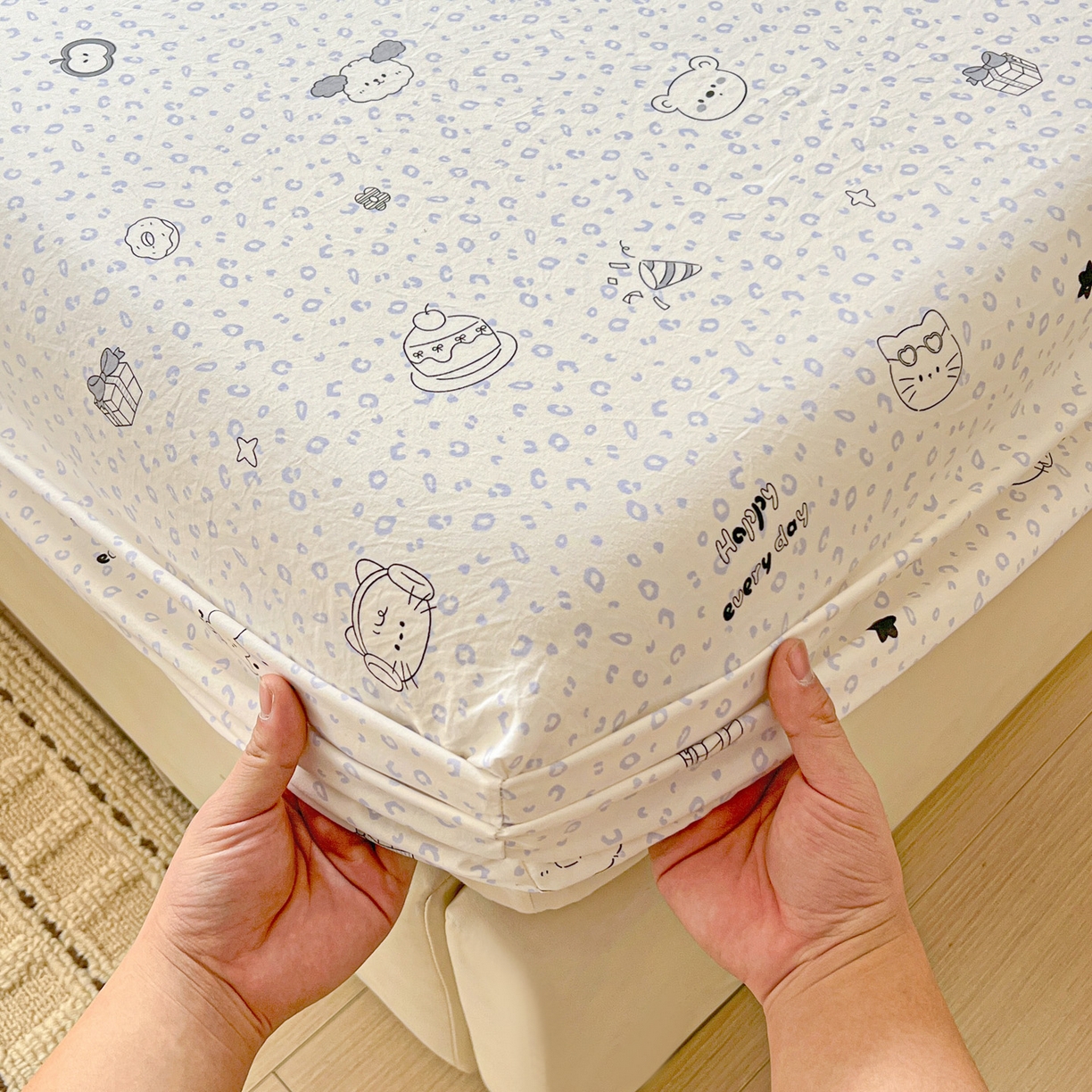 91家纺网 家纺一手货源 找家纺 富米莱（原臻工厂） 2026新款古法水洗仿棉床笠席梦思床罩杀床垫防滑罩床套罩床笠三件套 耳机猫猫