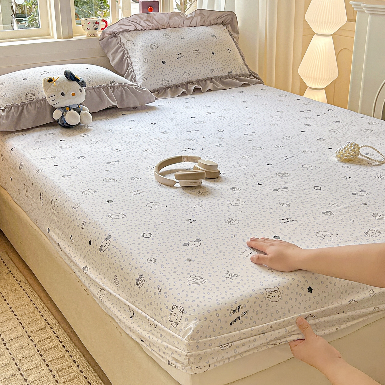 91家纺网 家纺一手货源 找家纺 富米莱（原臻工厂） 2026新款古法水洗仿棉床笠席梦思床罩杀床垫防滑罩床套罩床笠三件套 耳机猫猫