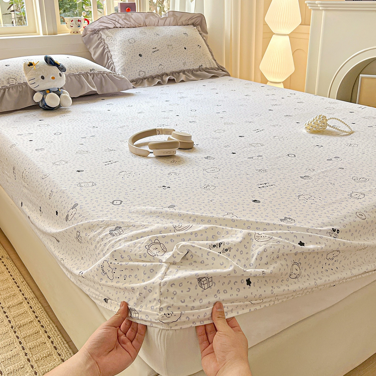 91家纺网 家纺一手货源 找家纺 富米莱（原臻工厂） 2026新款古法水洗仿棉床笠席梦思床罩杀床垫防滑罩床套罩床笠三件套 耳机猫猫