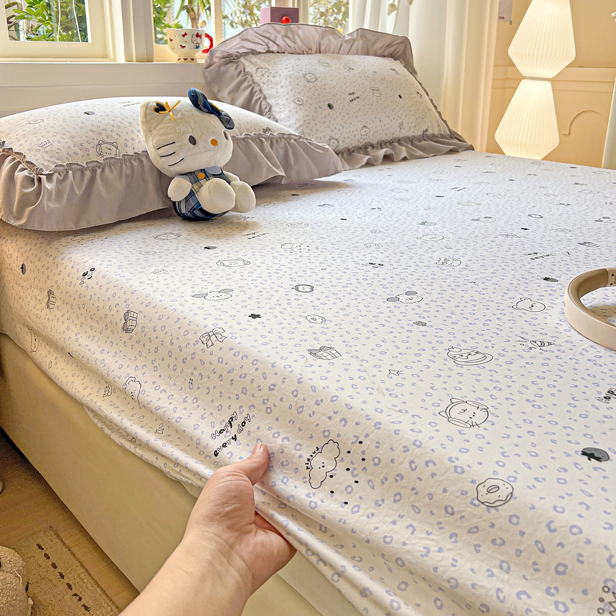 91家纺网 家纺一手货源 找家纺 富米莱（原臻工厂） 2026新款古法水洗仿棉床笠席梦思床罩杀床垫防滑罩床套罩床笠三件套 耳机猫猫