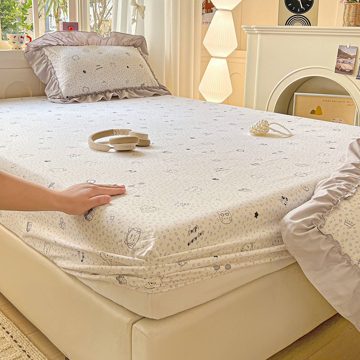 91家纺网 家纺一手货源 找家纺 富米莱（原臻工厂） 2026新款古法水洗仿棉床笠席梦思床罩杀床垫防滑罩床套罩床笠三件套 耳机猫猫