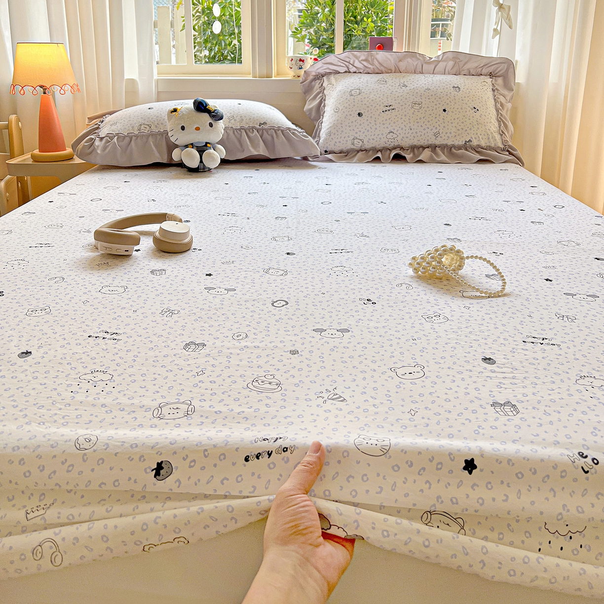 91家纺网 家纺一手货源 找家纺 富米莱（原臻工厂） 2026新款古法水洗仿棉床笠席梦思床罩杀床垫防滑罩床套罩床笠三件套 耳机猫猫