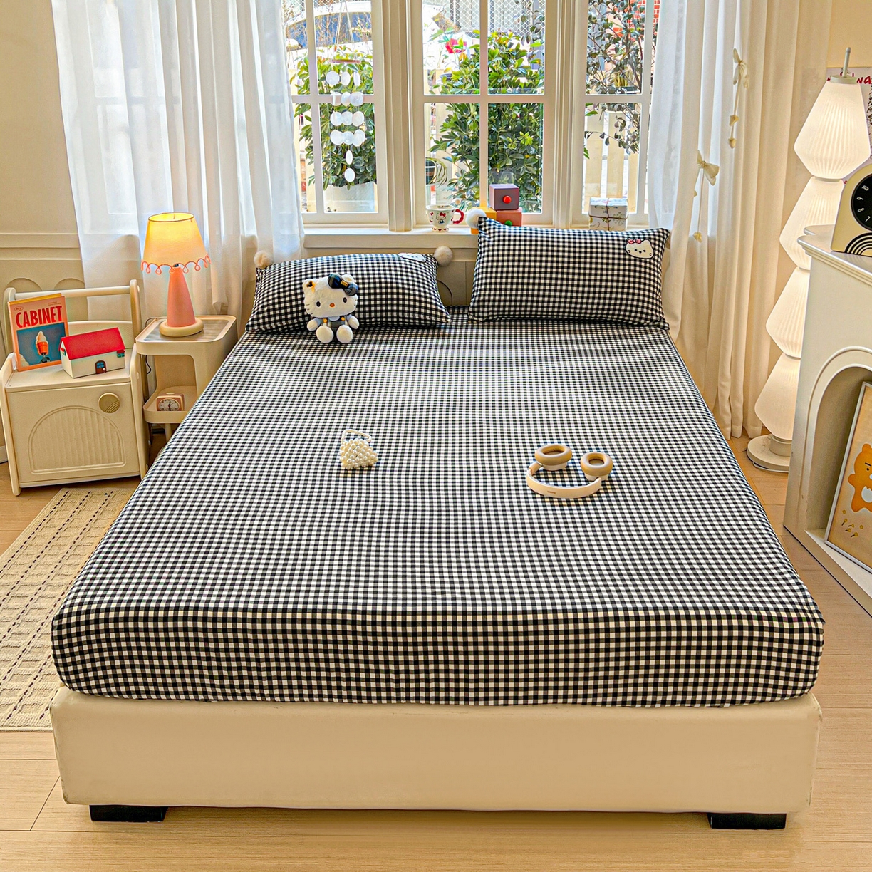 91家纺网 家纺一手货源 找家纺 富米莱（原臻工厂） 2026新款古法水洗仿棉床笠席梦思床罩杀床垫防滑罩床套罩床笠三件套 黑格