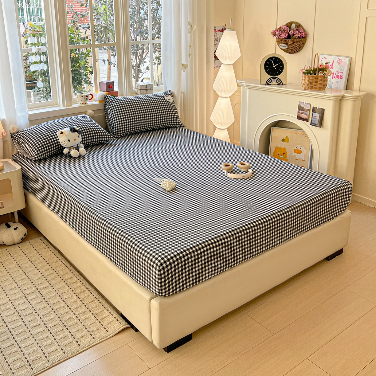 91家纺网 家纺一手货源 找家纺 富米莱（原臻工厂） 2026新款古法水洗仿棉床笠席梦思床罩杀床垫防滑罩床套罩床笠三件套 黑格