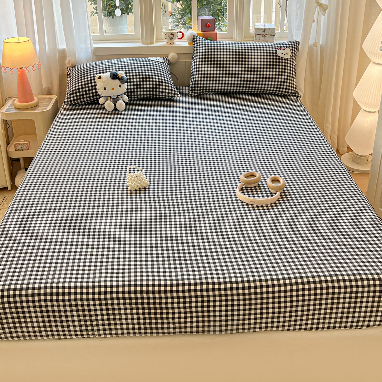 91家纺网 家纺一手货源 找家纺 富米莱（原臻工厂） 2026新款古法水洗仿棉床笠席梦思床罩杀床垫防滑罩床套罩床笠三件套 黑格